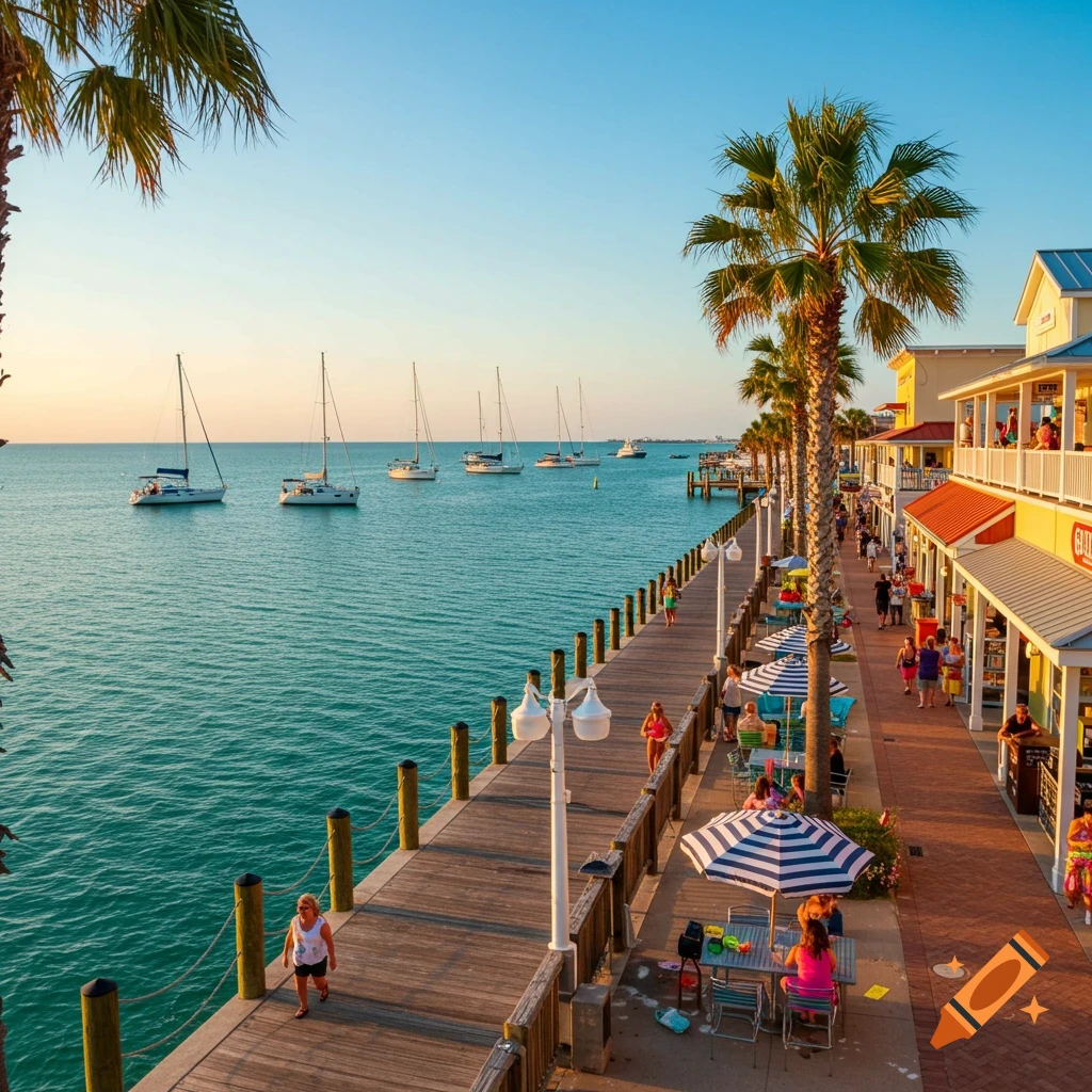 Vibrant view of a sunny waterfront boardwalk lined with shops, people, and palm trees, with sailboats on turquoise water.