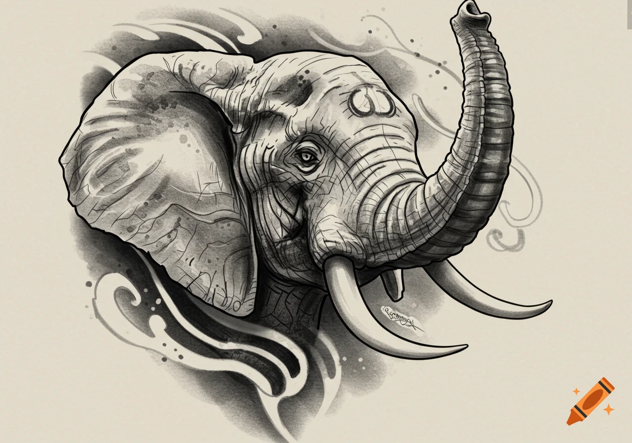 Detailed black and grey tattoo illustration of an elephant head with its trunk raised, surrounded by stylized smoke.