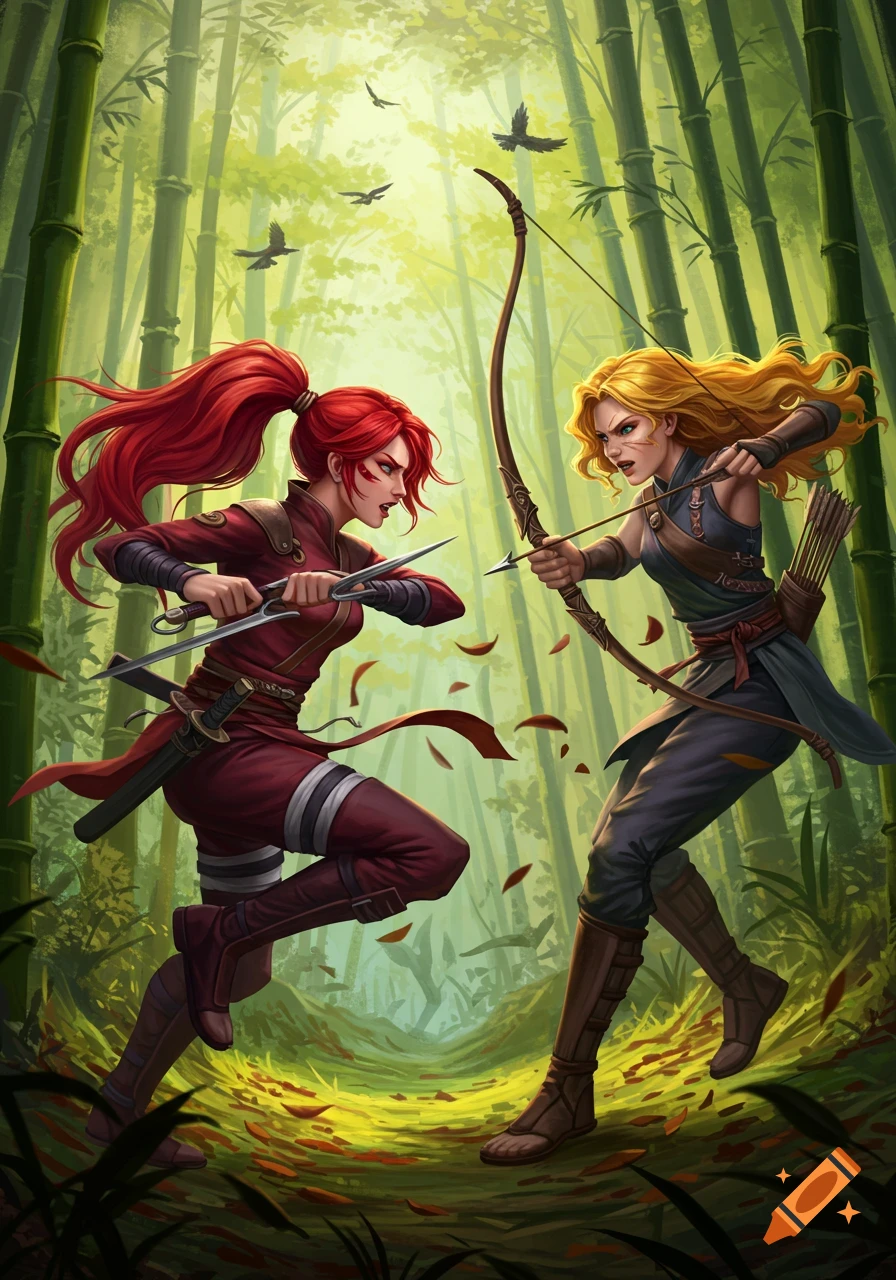 An illustration of a red-haired warrior with daggers facing a blonde archer in a lush bamboo forest.