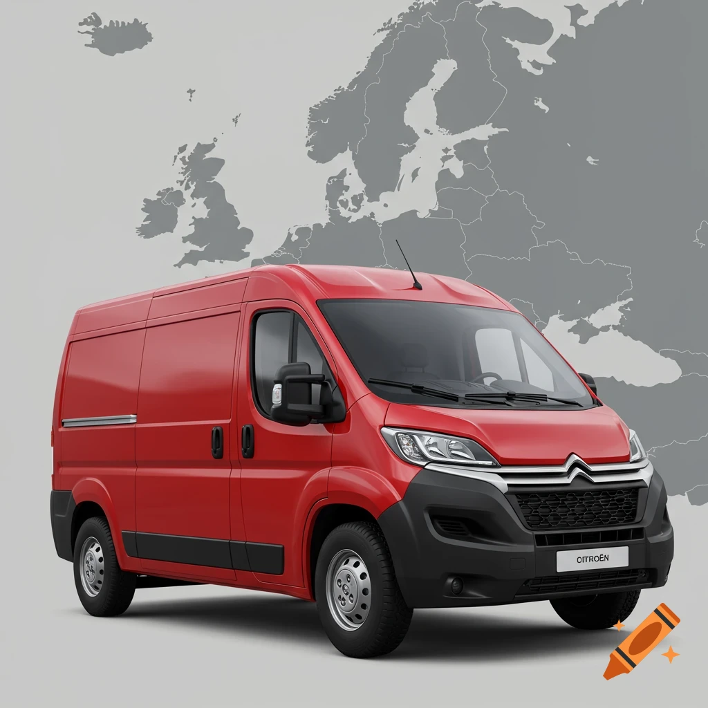 A red Citroen van is parked in front of a light grey outline map of Europe.