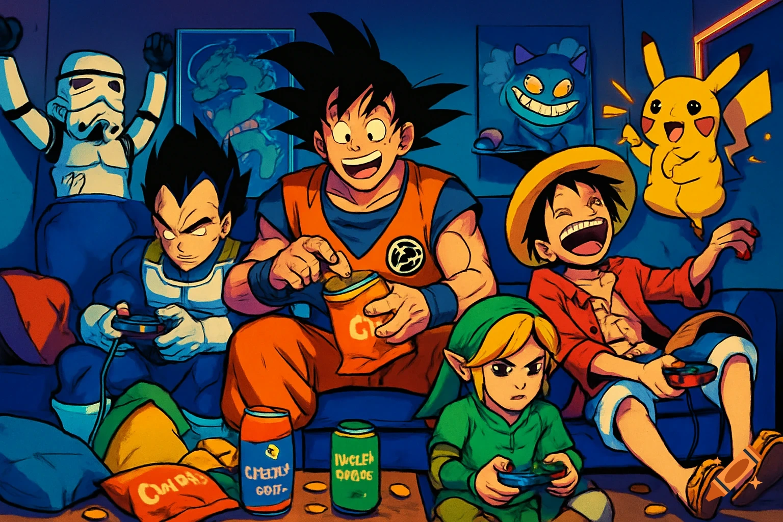 Goku, Vegeta, Luffy, Link, a Stormtrooper, and Pikachu play video games together in an anime style.