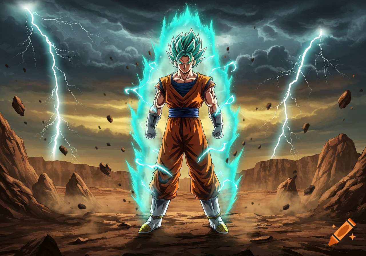 Vegito Super Saiyan Blue with glowing blue aura in a rocky desert under a lightning storm.