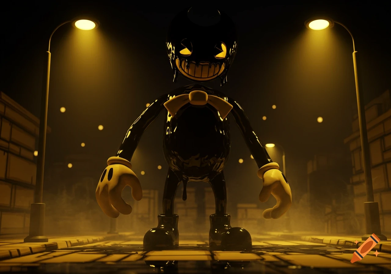 A menacing 3D Ink Demon stands in a dark, foggy street lit by yellow streetlights.