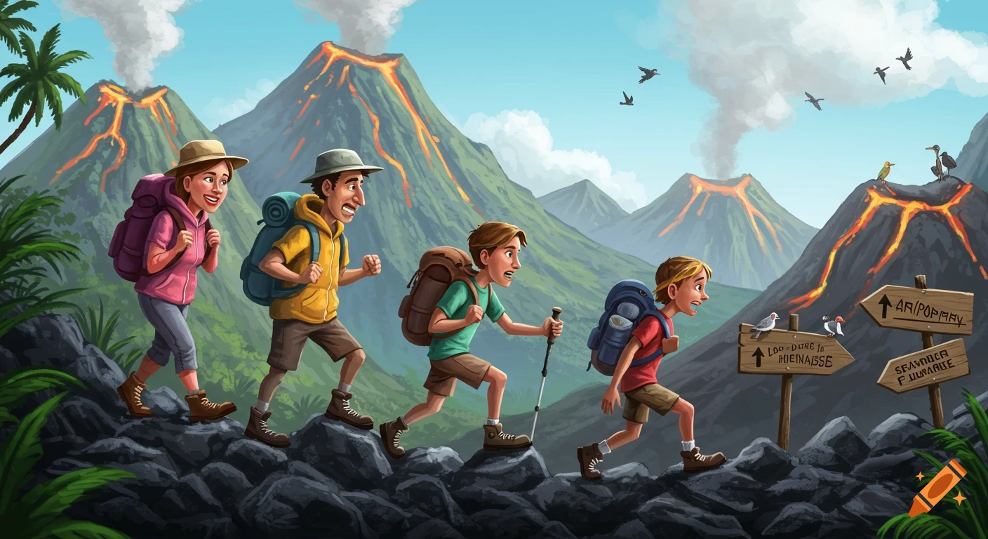 A cartoon family of four, including two adults and two children, hike a rocky path past several actively erupting volcanoes under a clear blue sky, with directional signs and birds.