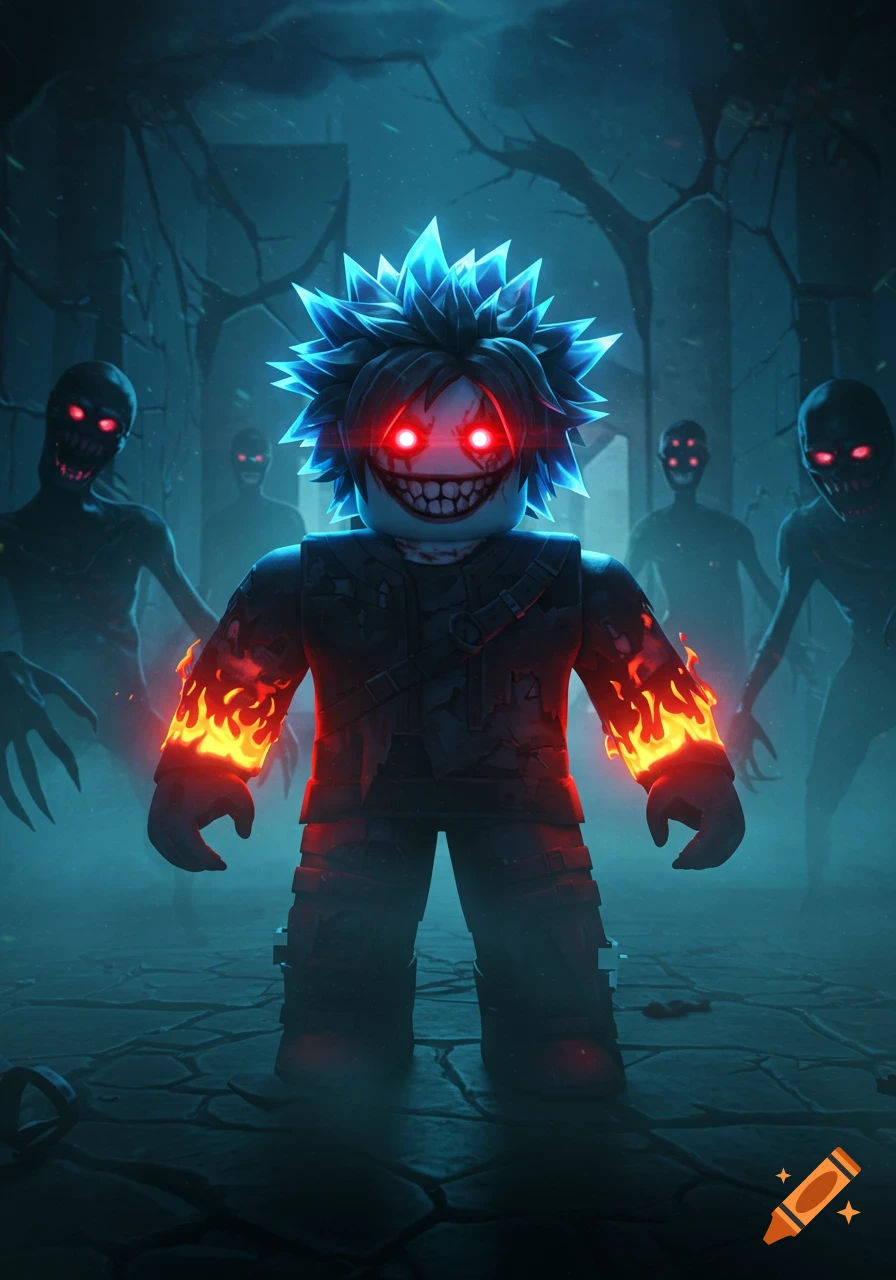 Roblox-style character with glowing red eyes, blue spiky hair, twisted grin, and fiery arms, surrounded by shadowy monsters in a dark haunted setting.