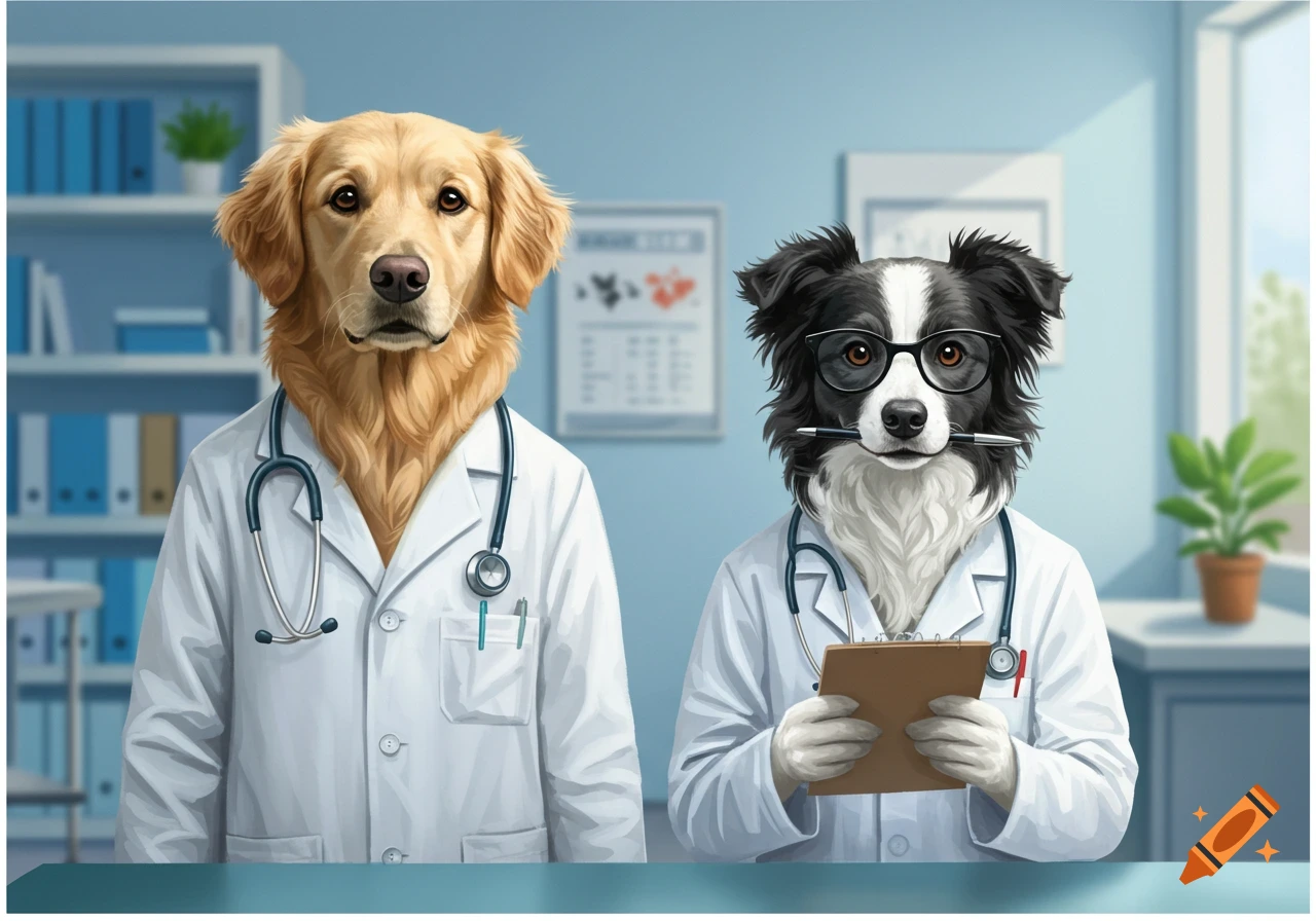 Two anthropomorphic dogs, a golden retriever and a border collie wearing white lab coats and stethoscopes in a doctor's office.