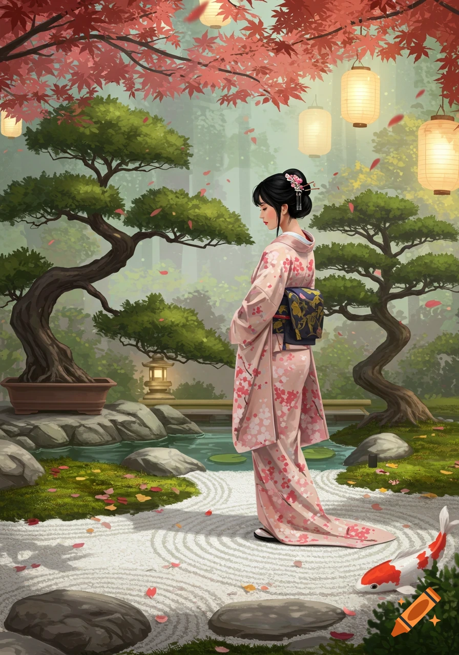 A Japanese lady in a pink kimono stands in a tranquil Japanese garden with bonsai trees, lanterns, and koi fish.