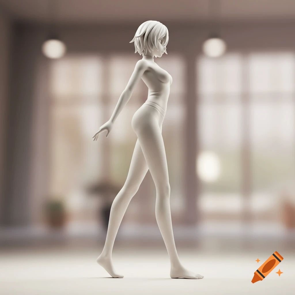 A grayscale anime-style female figure model, in a neutral pose, against a blurred background.