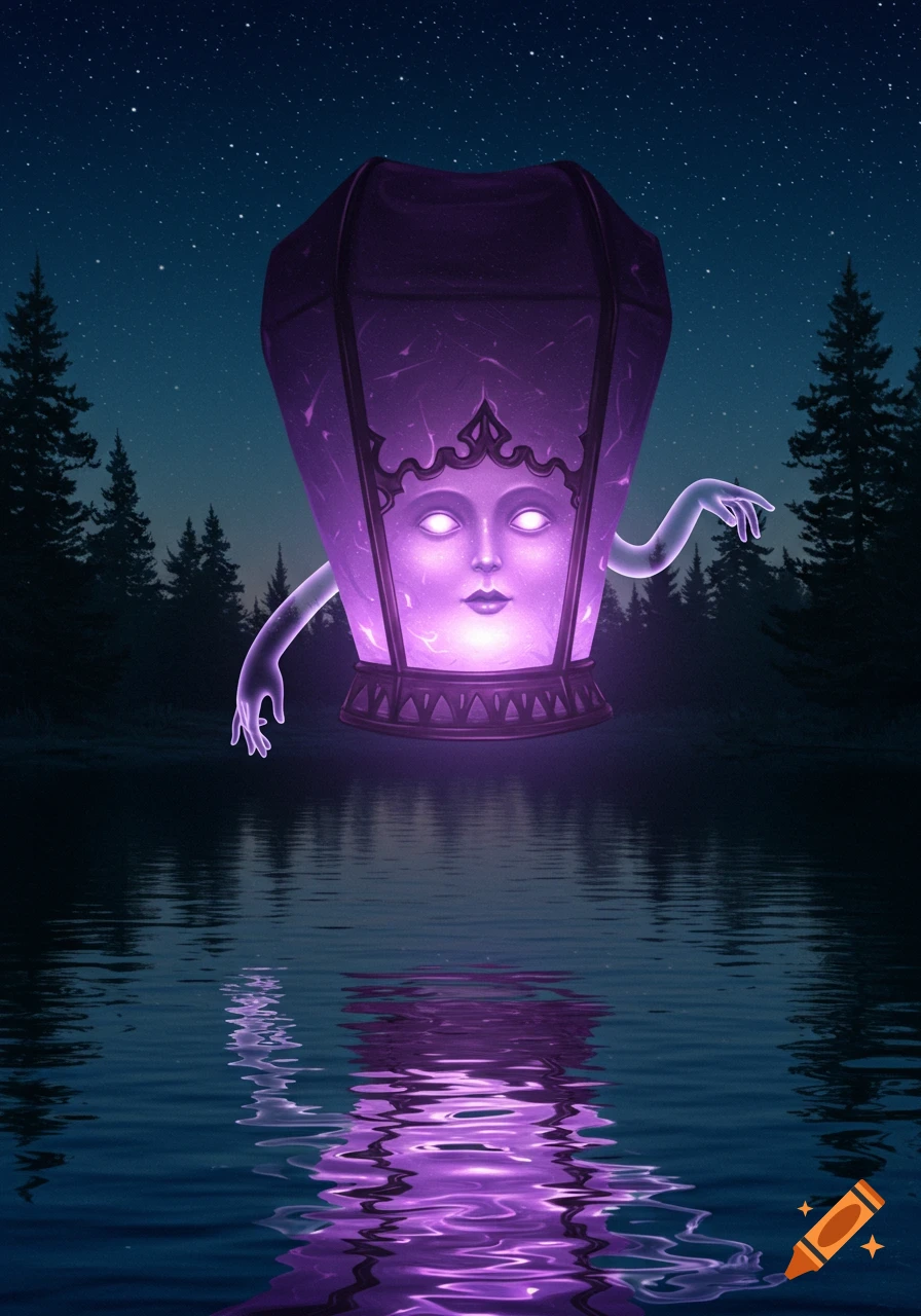A purple glowing lantern with a face and ghostly arms floats above dark water, reflecting its light under a starry night sky with pine trees.