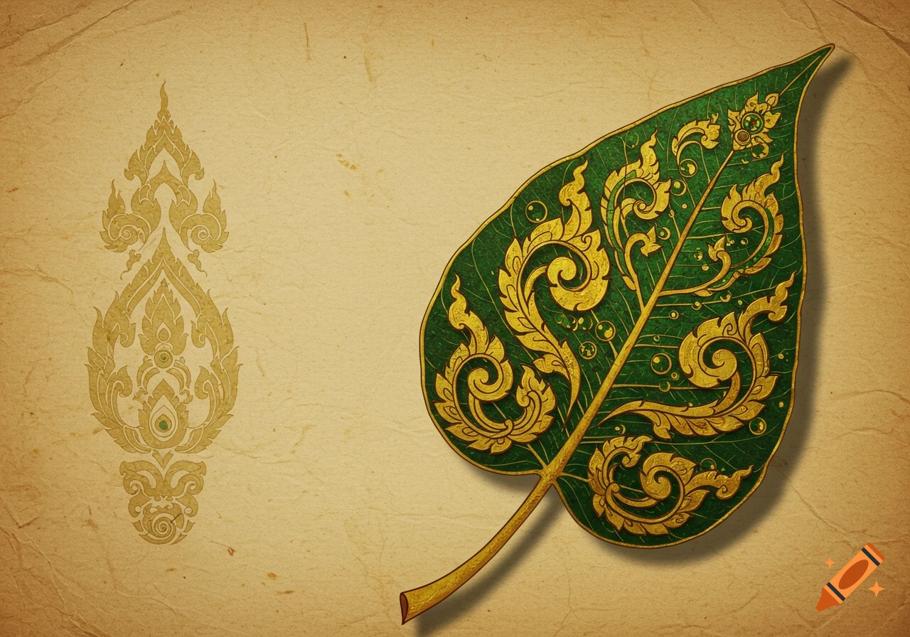 A green leaf with intricate gold traditional Thai patterns, on a textured, light brown background.