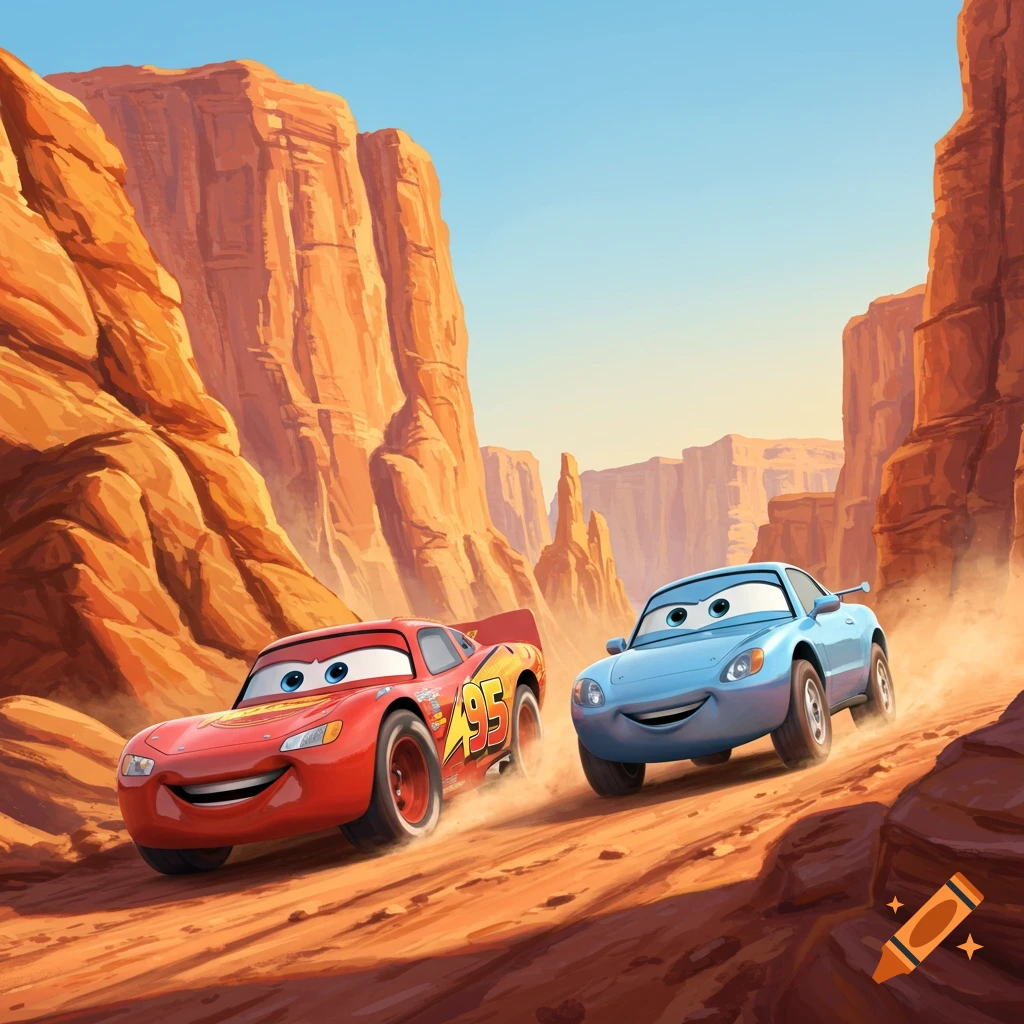 Lightning McQueen and Sally Carrera, cartoon cars, driving through a dusty desert canyon.
