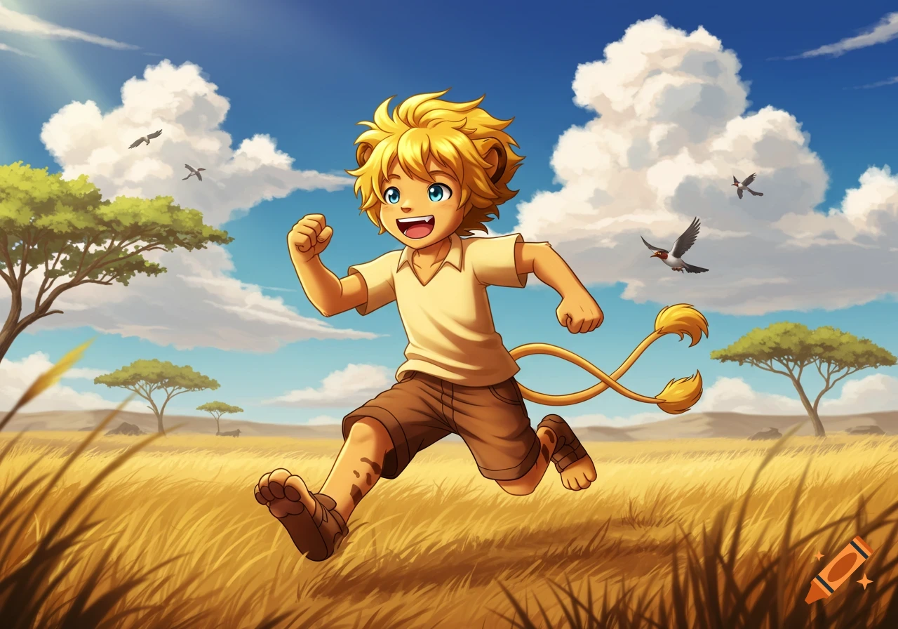 A happy lion boy with blonde hair and a tail runs through a golden savanna under a blue sky, in an anime style.