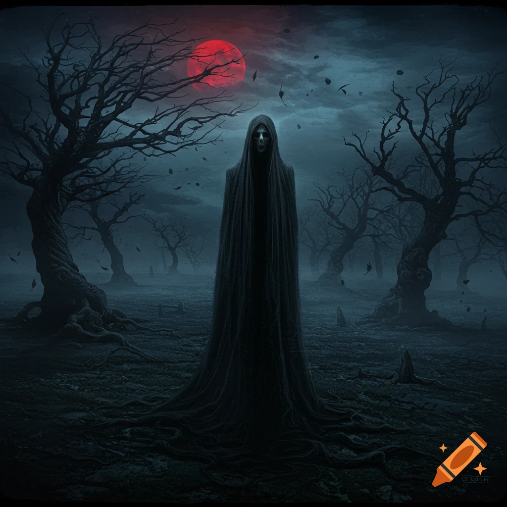 A tall, cloaked skeletal figure stands in a dark, desolate forest with gnarled trees under a large, red moon, in a symbolic dark fantasy style.