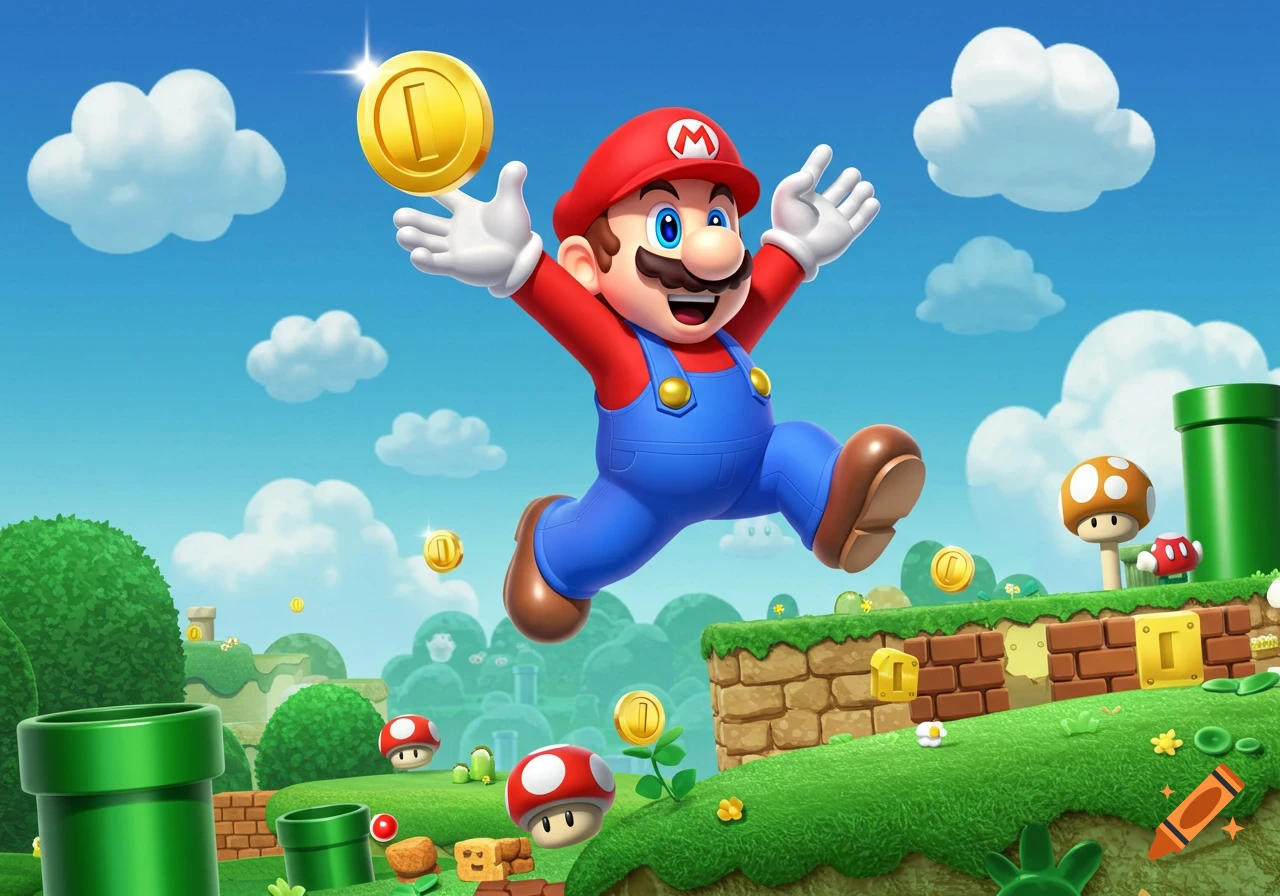 Mario jumping and reaching for a coin in a vibrant, cartoonish landscape with pipes and mushrooms.
