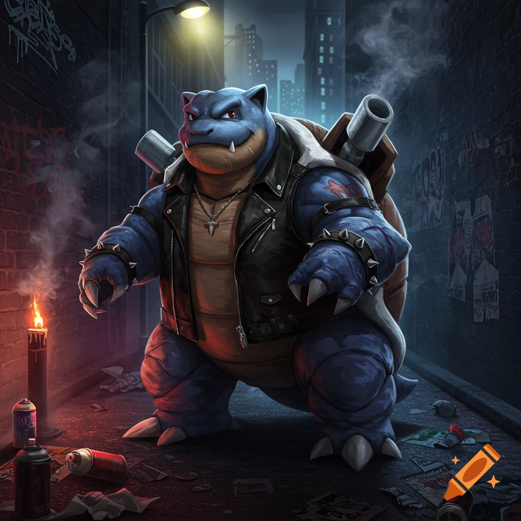 Blastoise, a blue turtle-like Pokemon, dressed in a black leather jacket with spiked wristbands and a cross necklace, stands menacingly in a dark, graffiti-covered urban alleyway. A burning candle and discarded spray cans lie on the ground.