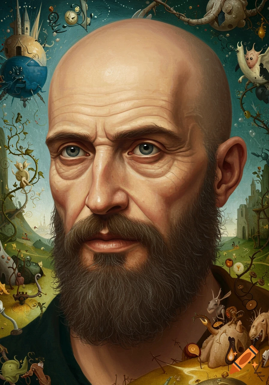 A painted portrait of a bearded man with a stern expression, set against a whimsical, surreal landscape in the style of Hieronymus Bosch.