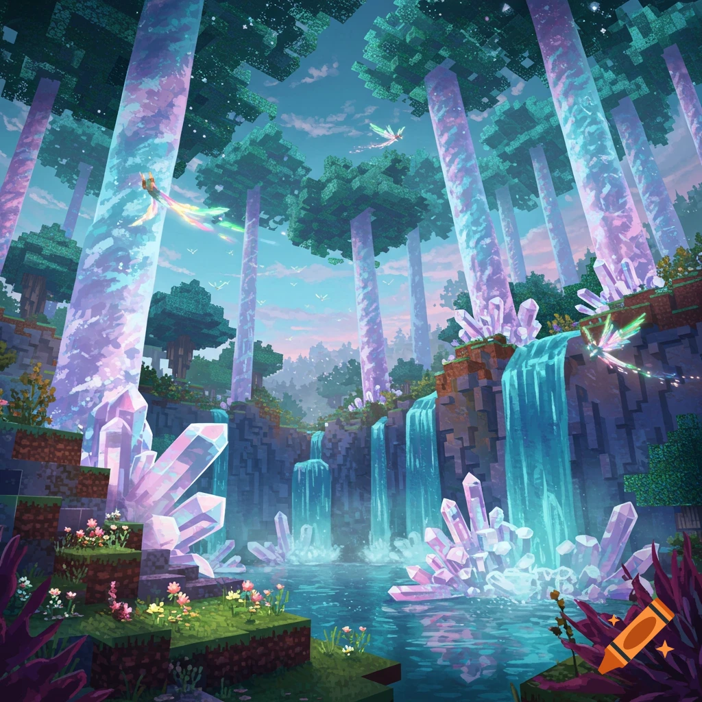 Vibrant Minecraft-style fantasy biome featuring glowing crystal trees, waterfalls, a reflective pool, and flying fairies.