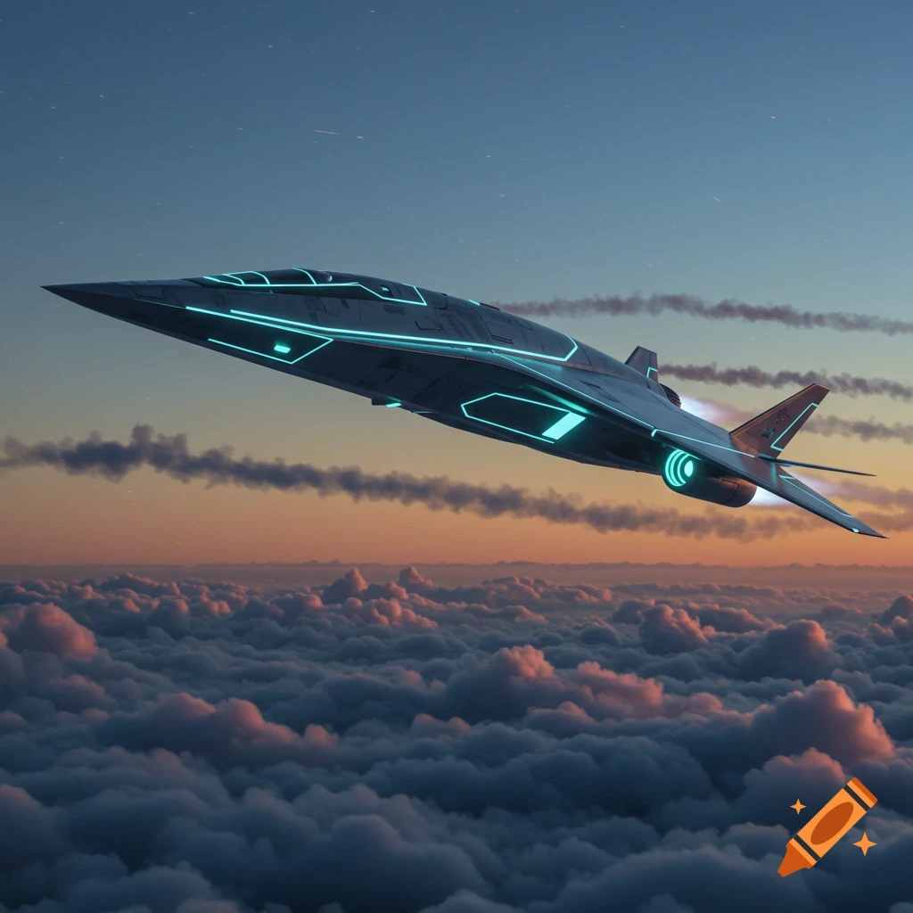 A sleek, dark futuristic jet with neon blue glowing accents flies above dense clouds at sunset.