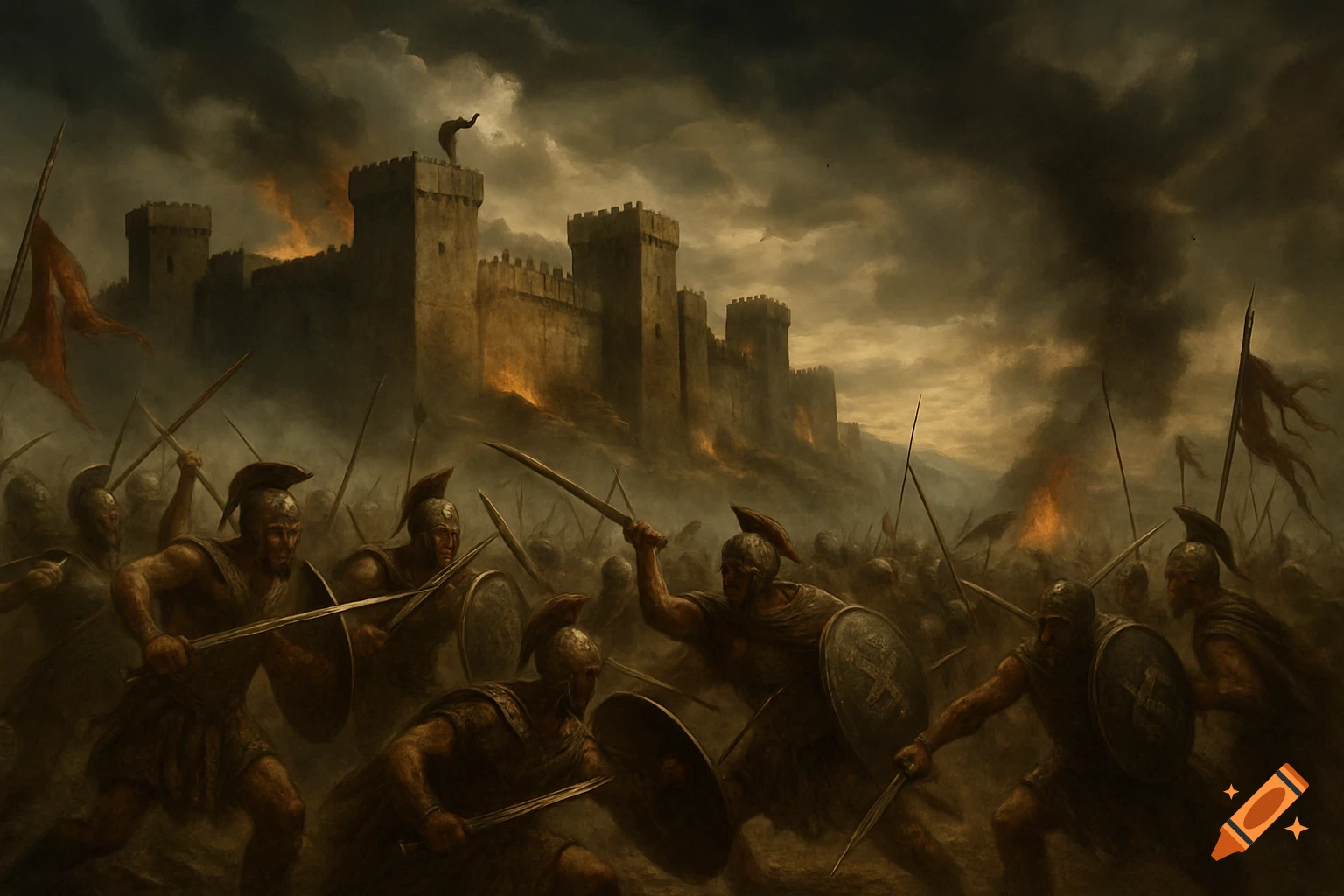 Epic dark fantasy painting of ancient warriors battling in front of a burning castle under a stormy sky.