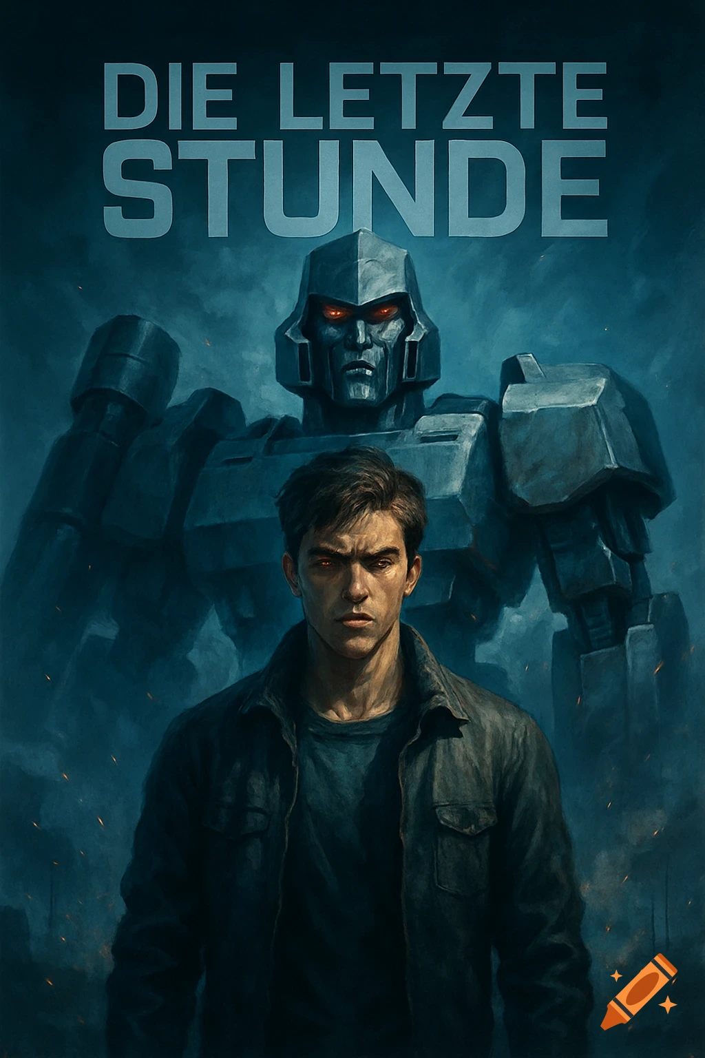 A dramatic poster of a man with glowing eyes in front of a Megatron-like robot, with the German title 'DIE LETZTE STUNDE'.