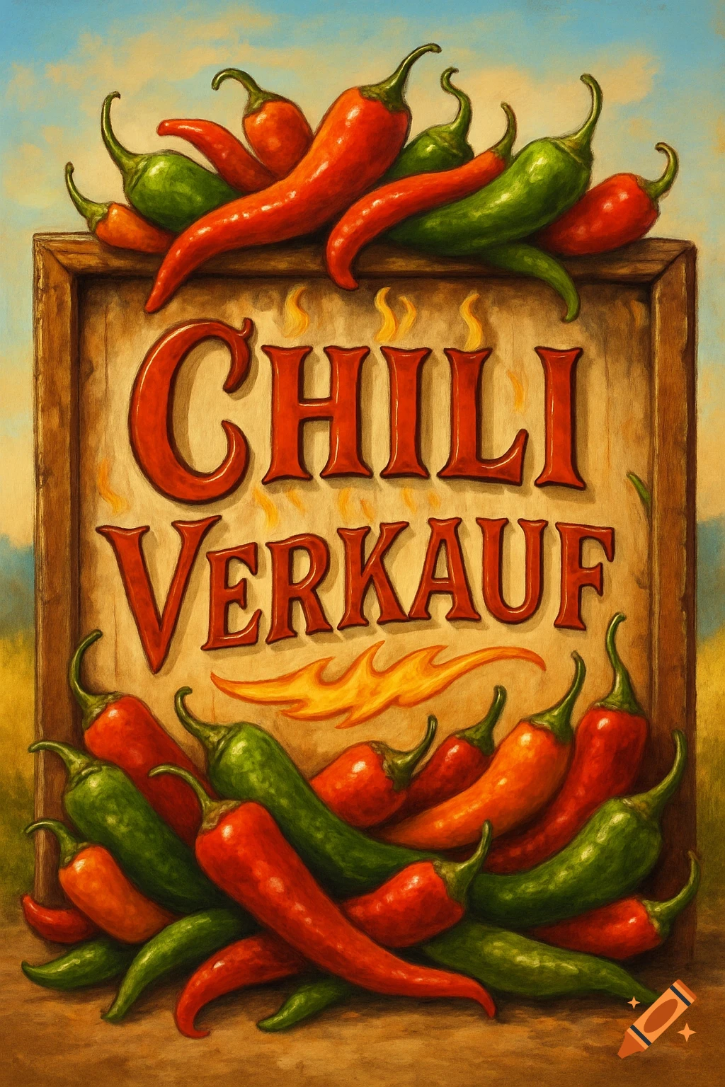 Illustrated wooden sign with 'CHILI VERKAUF' (Chili Sale) and many red and green chili peppers.