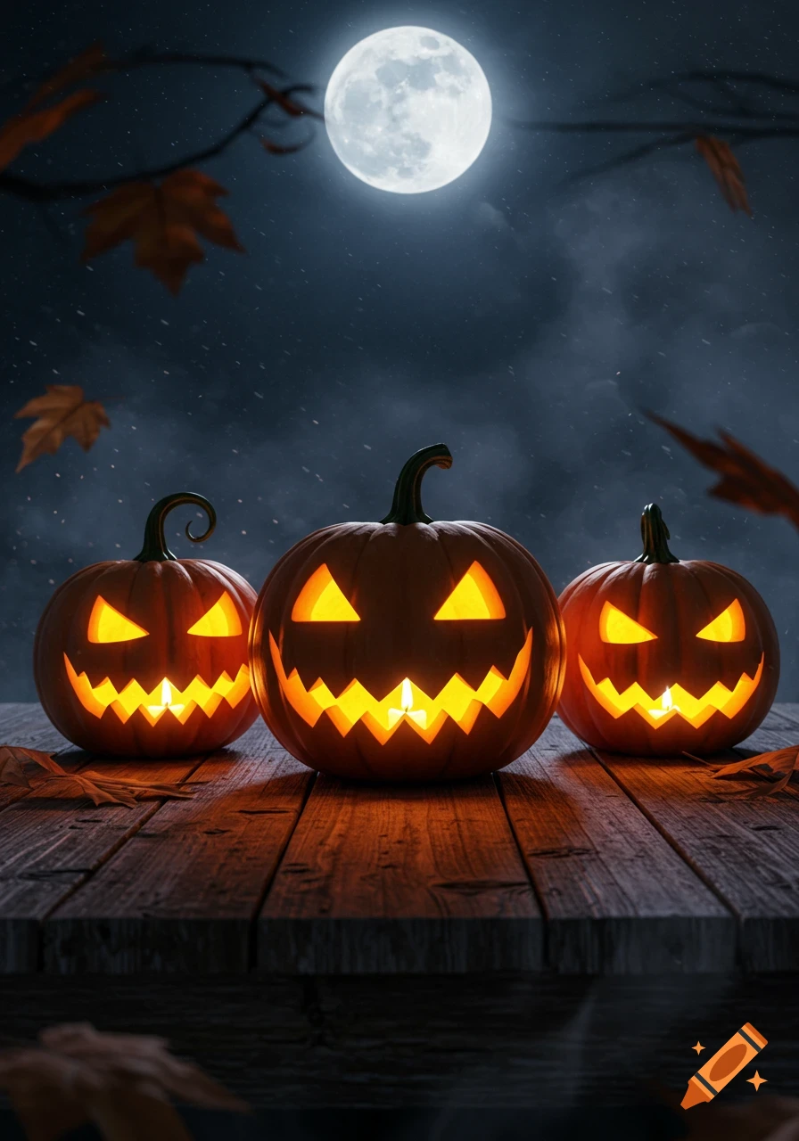 Three glowing jack-o'-lanterns on a rustic wooden table under a full moon in a spooky night scene with falling leaves.