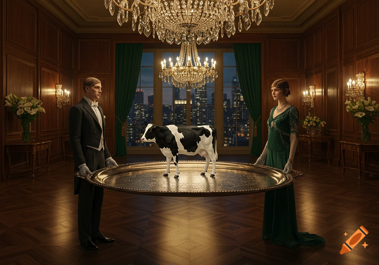 A formally dressed man and woman carry a small black and white cow on a large golden tray in a luxurious room overlooking a city at night. Photorealistic.