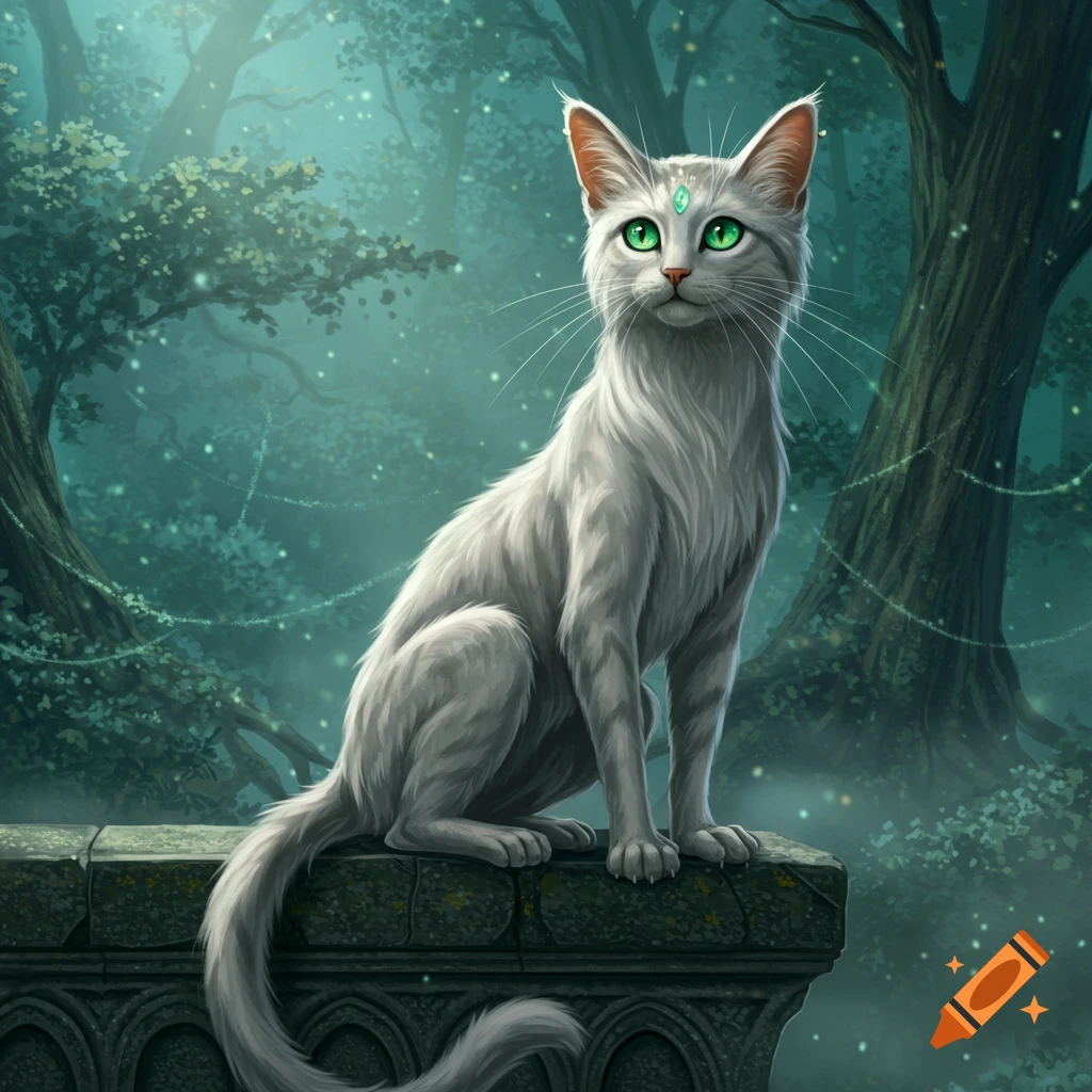 A majestic white cat with emerald eyes and a glowing gem on its forehead sits on a stone wall in a misty fantasy forest.