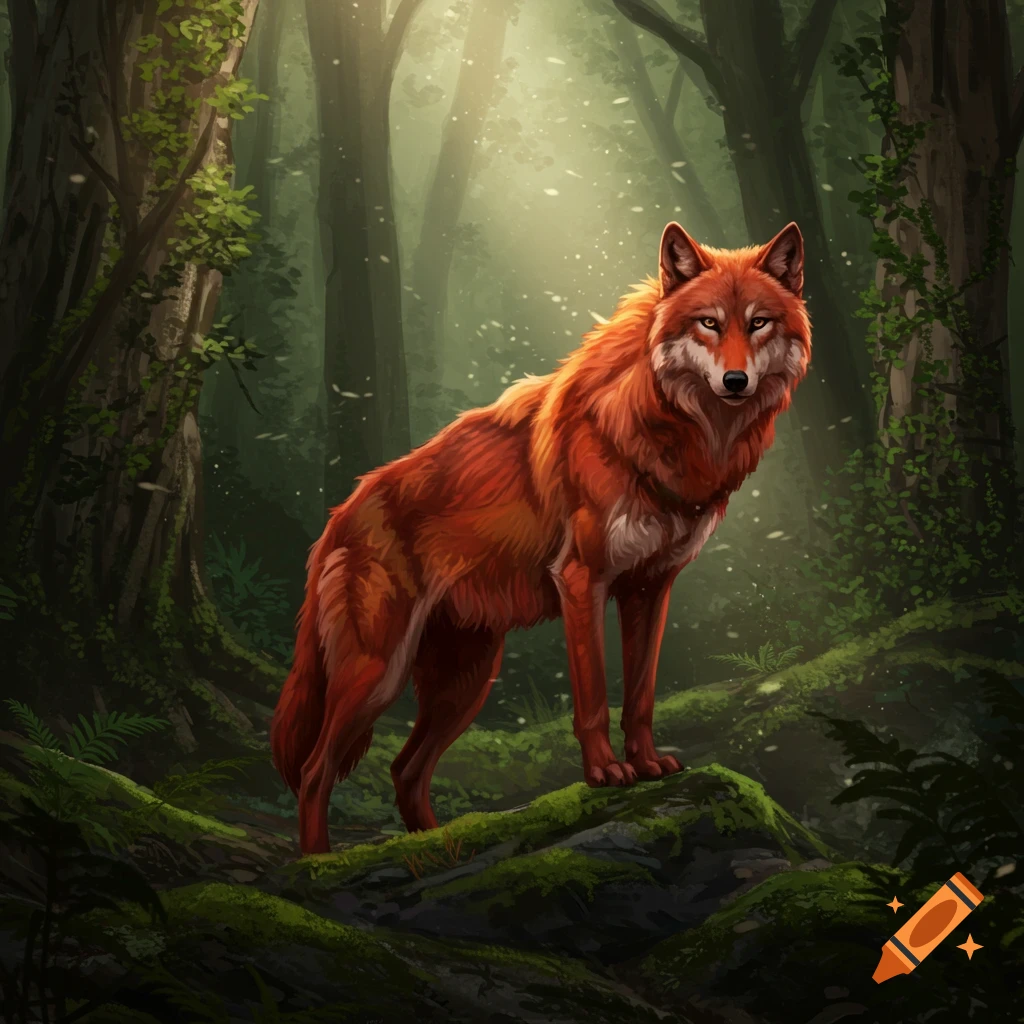 A vibrant red wolf with white markings stands on a mossy forest floor, bathed in dappled sunlight.