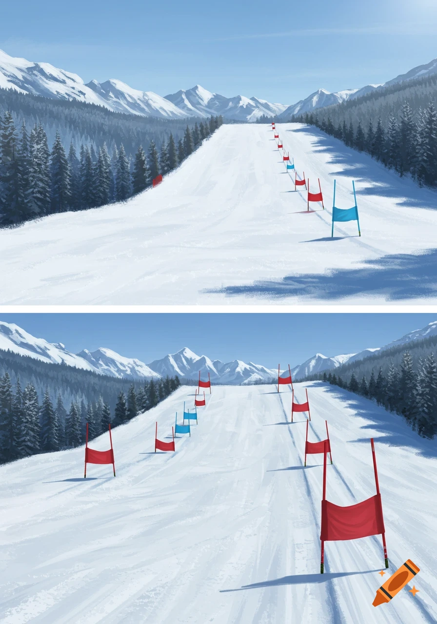 Two illustrated panels of a snowy mountain ski slope with red and blue slalom gates under a clear blue sky.
