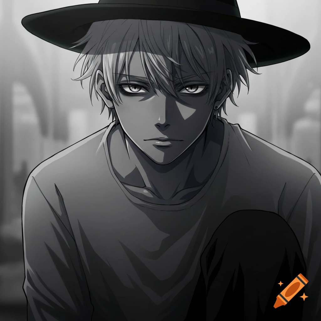Anime-style monochrome portrait of a boy with messy gray hair, dark eyes, wearing a black hat, gray shirt, and black pants, looking intently forward.
