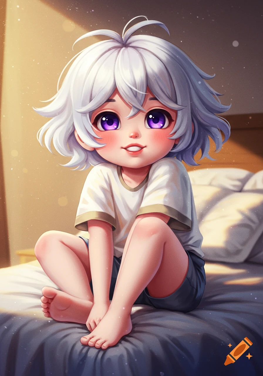 A cute anime child with white hair and large purple eyes smiles while sitting on a bed bathed in sunlight.