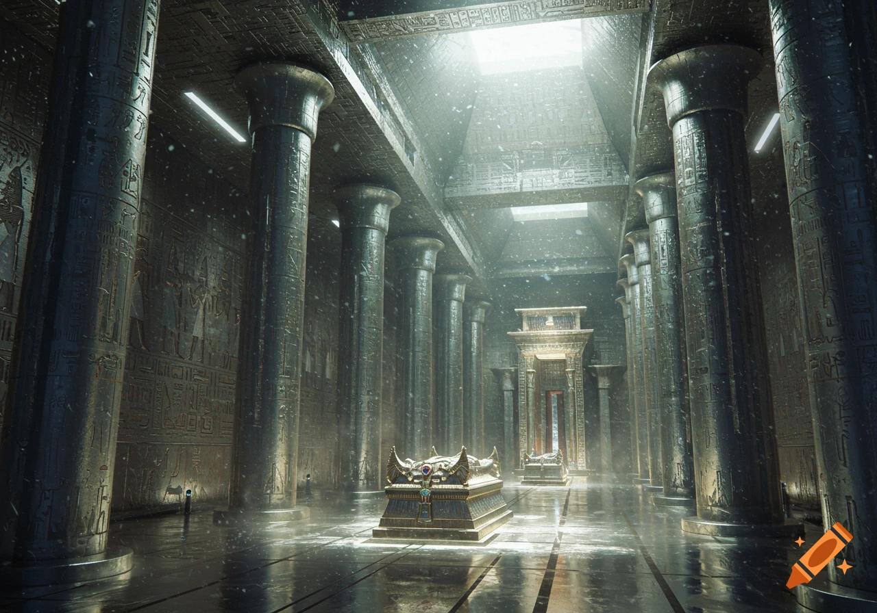 An atmospheric view inside an ancient Egyptian-style hall with towering columns covered in hieroglyphs, a sarcophagus, and light streaming from above.