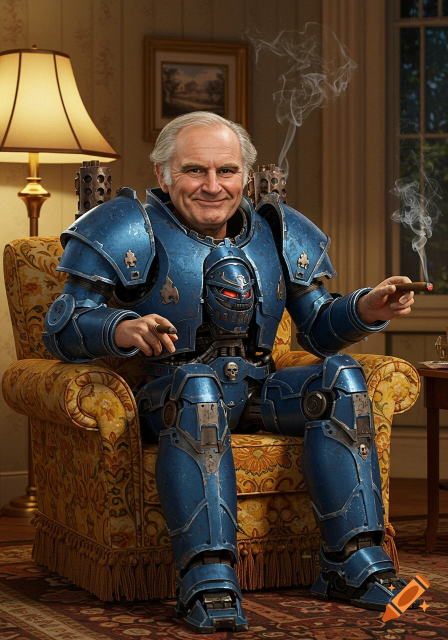 A grinning older man with grey hair, wearing blue sci-fi power armor, sits in a patterned armchair, smoking two cigars in a cozy room.