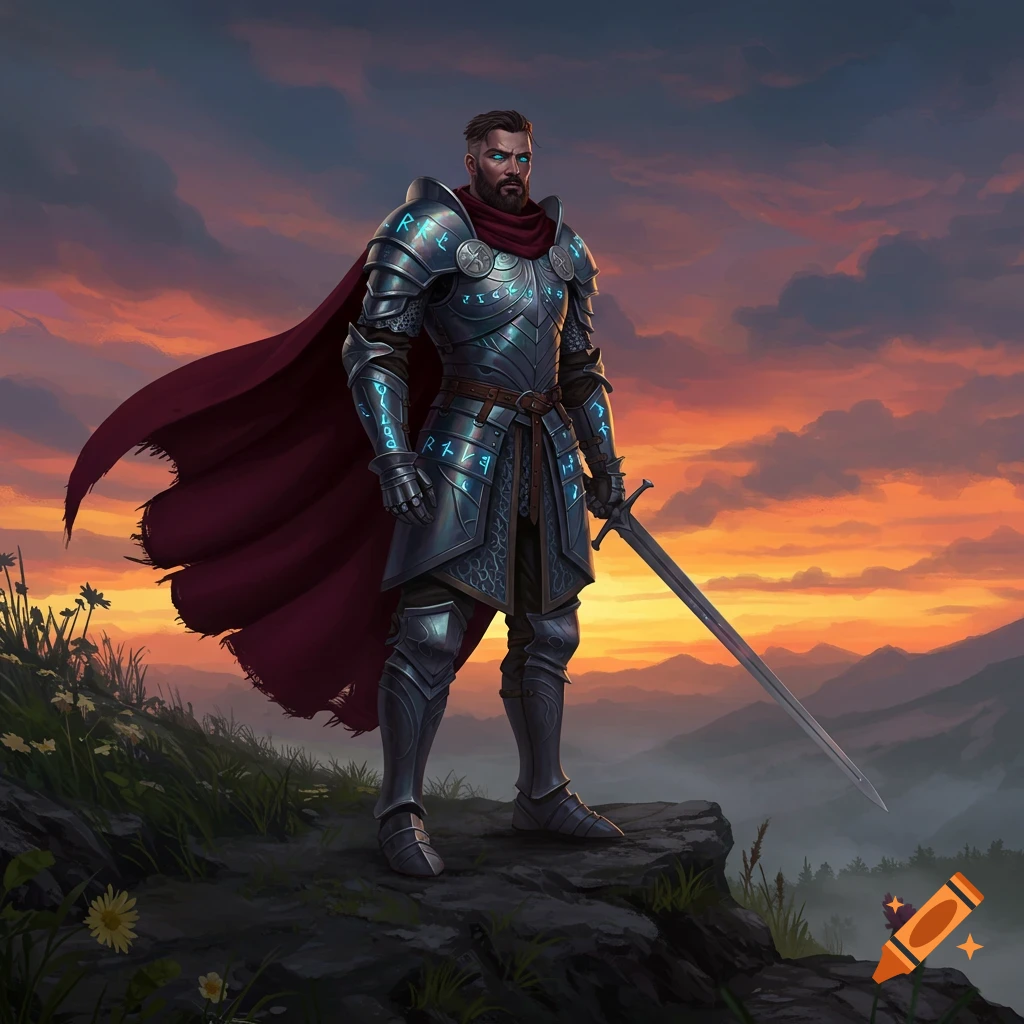 A fantasy knight in glowing runic armor stands on a rocky outcrop at sunset, holding a sword.