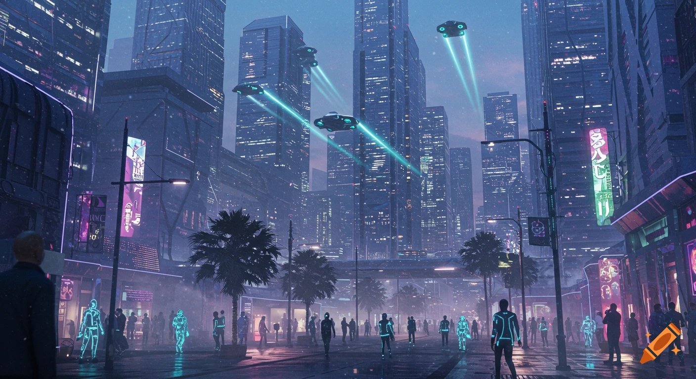 A futuristic city street at dusk, with tall skyscrapers, flying vehicles with light trails, and people, some outlined in blue light.