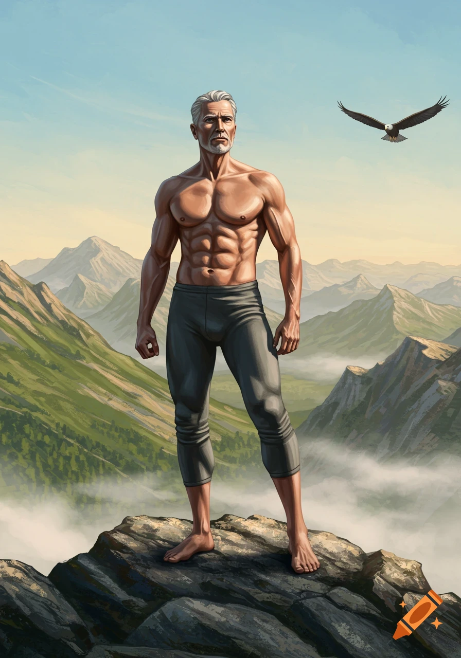 A muscular, older man with gray hair stands shirtless on a mountain peak, looking out at a vast mountainous landscape under a clear sky, with an eagle flying overhead.
