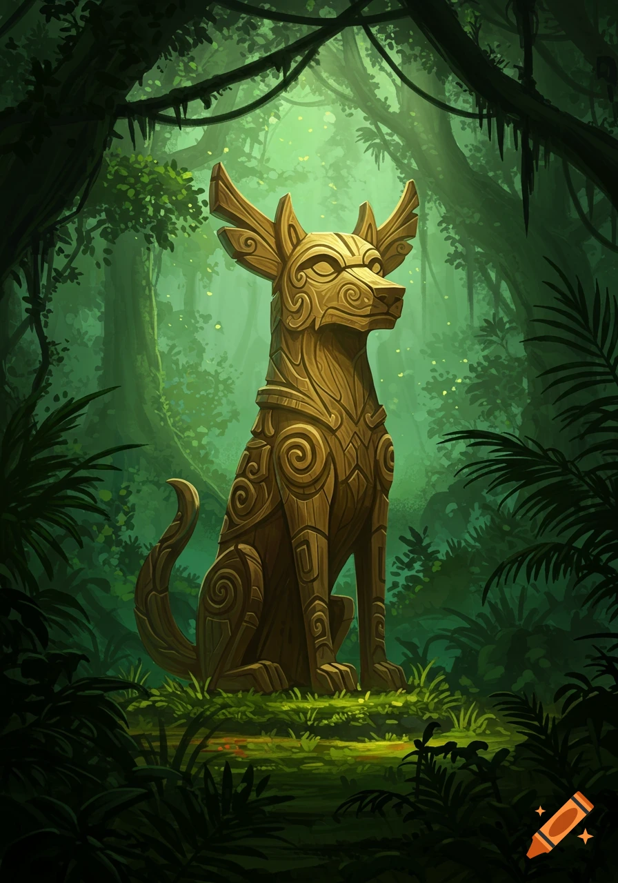 A detailed wooden dog-like totem with carvings sits in a lush, green jungle with dappled light, in an illustrative style.