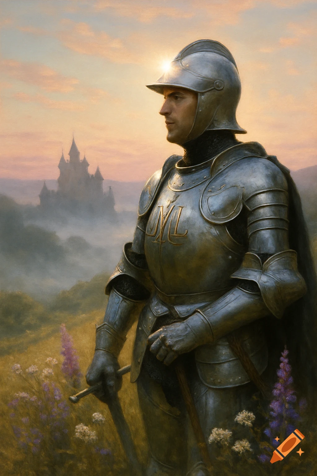 A knight in shining armor stands in a field with a castle in the misty background at sunset, 'ML' etched on his chest.