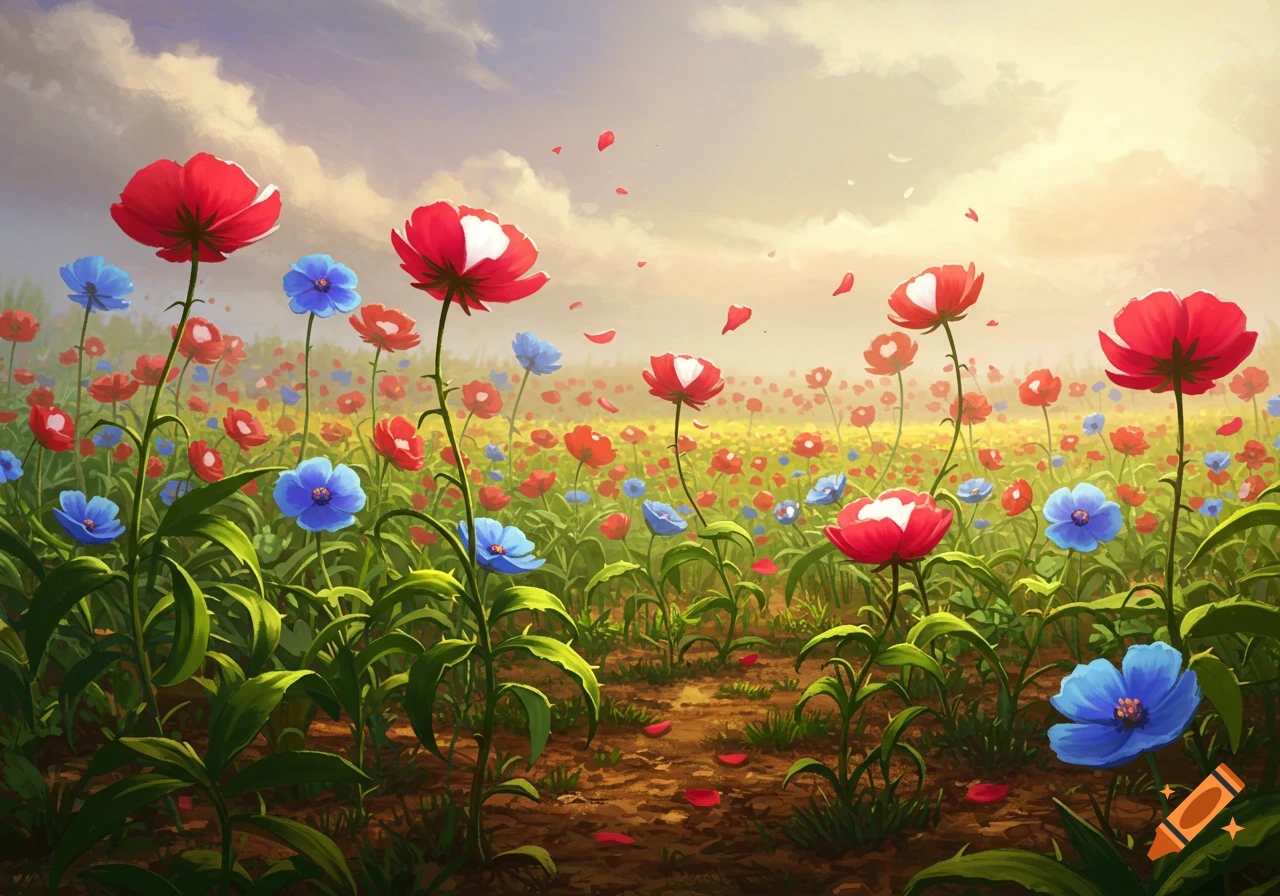 A vibrant, stylized digital art image of a field filled with red and blue flowers under a bright, cloudy sky.