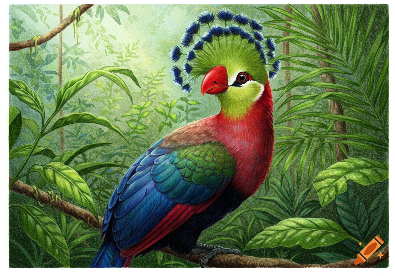 A colorful turaco bird with a green and blue crest, red face, and blue wings, perched on a branch in a lush jungle, colored pencil style.