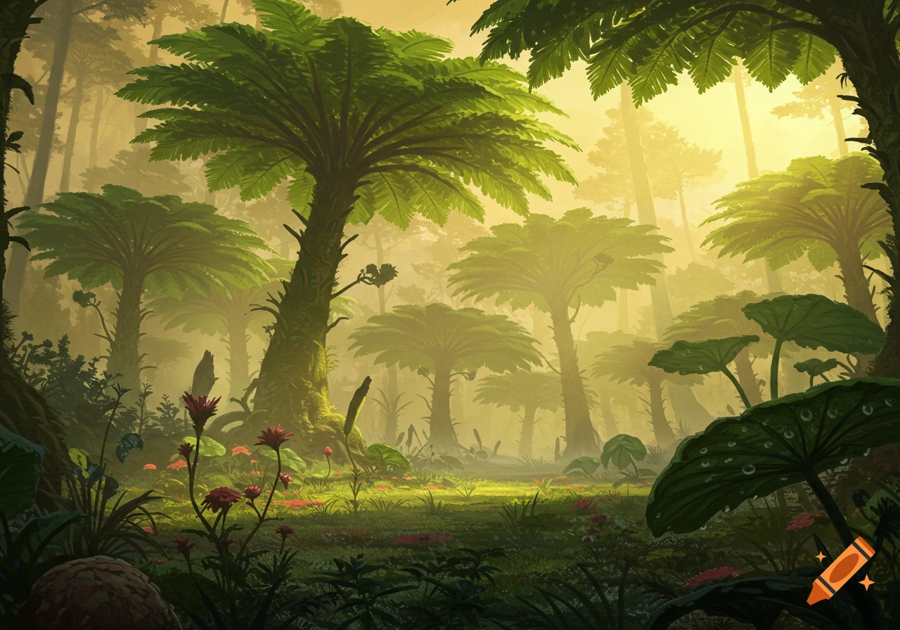 A lush, misty prehistoric forest with giant fern trees, red flowers on the ground, and golden light filtering through the canopy.