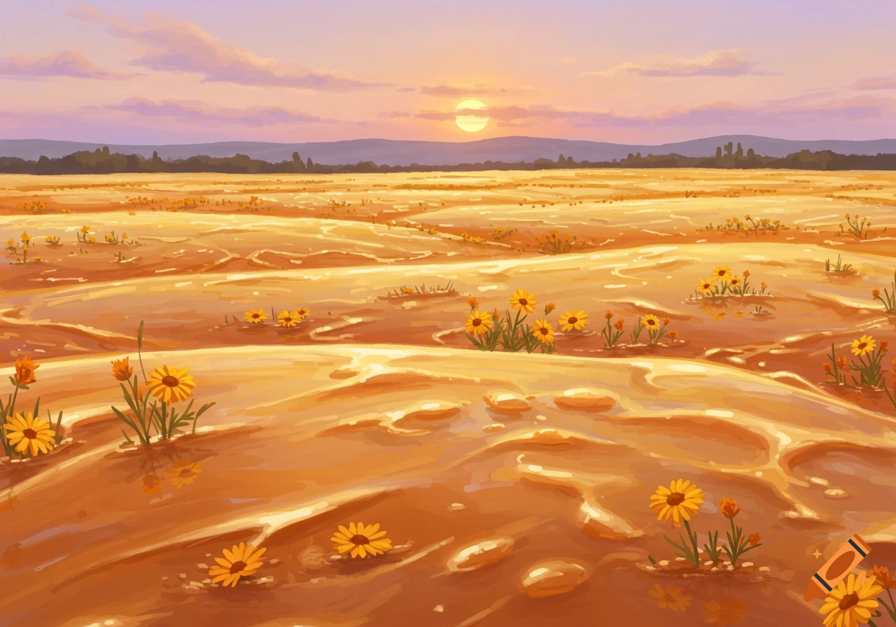 A stylized landscape of a field covered in golden honey with scattered yellow flowers under a pastel sunset sky.