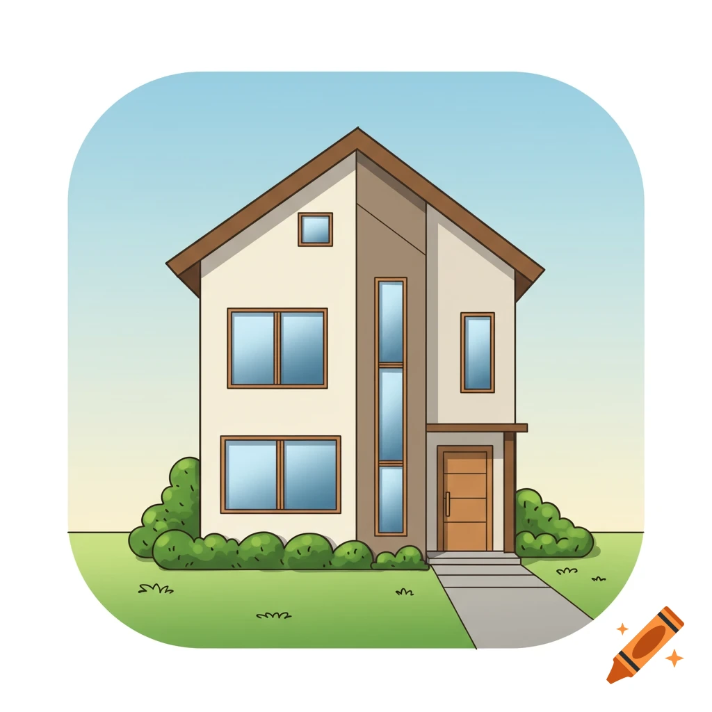 A cartoon two-story house with a brown roof, cream walls, green bushes, and a pathway, against a blue sky, in an icon style.