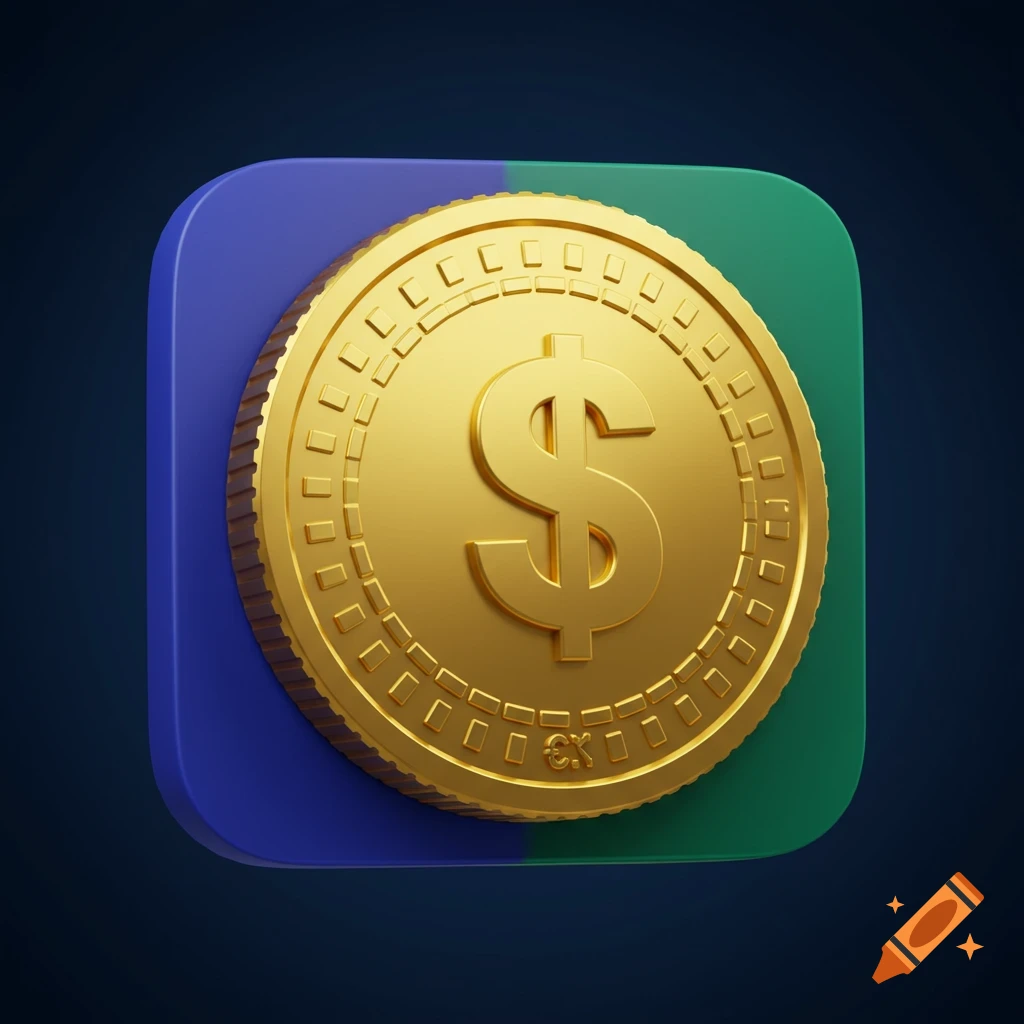 A shiny golden dollar coin icon on a split blue and green rounded square background, in 3D render style.