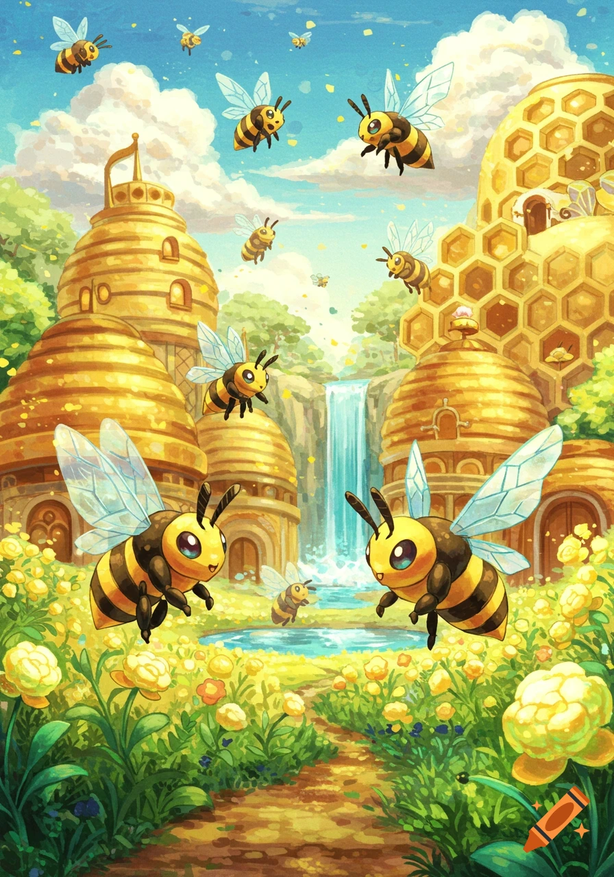 Cute cartoon bees fly around a vibrant fantasy bee town with beehive buildings, a waterfall, and yellow flowers.