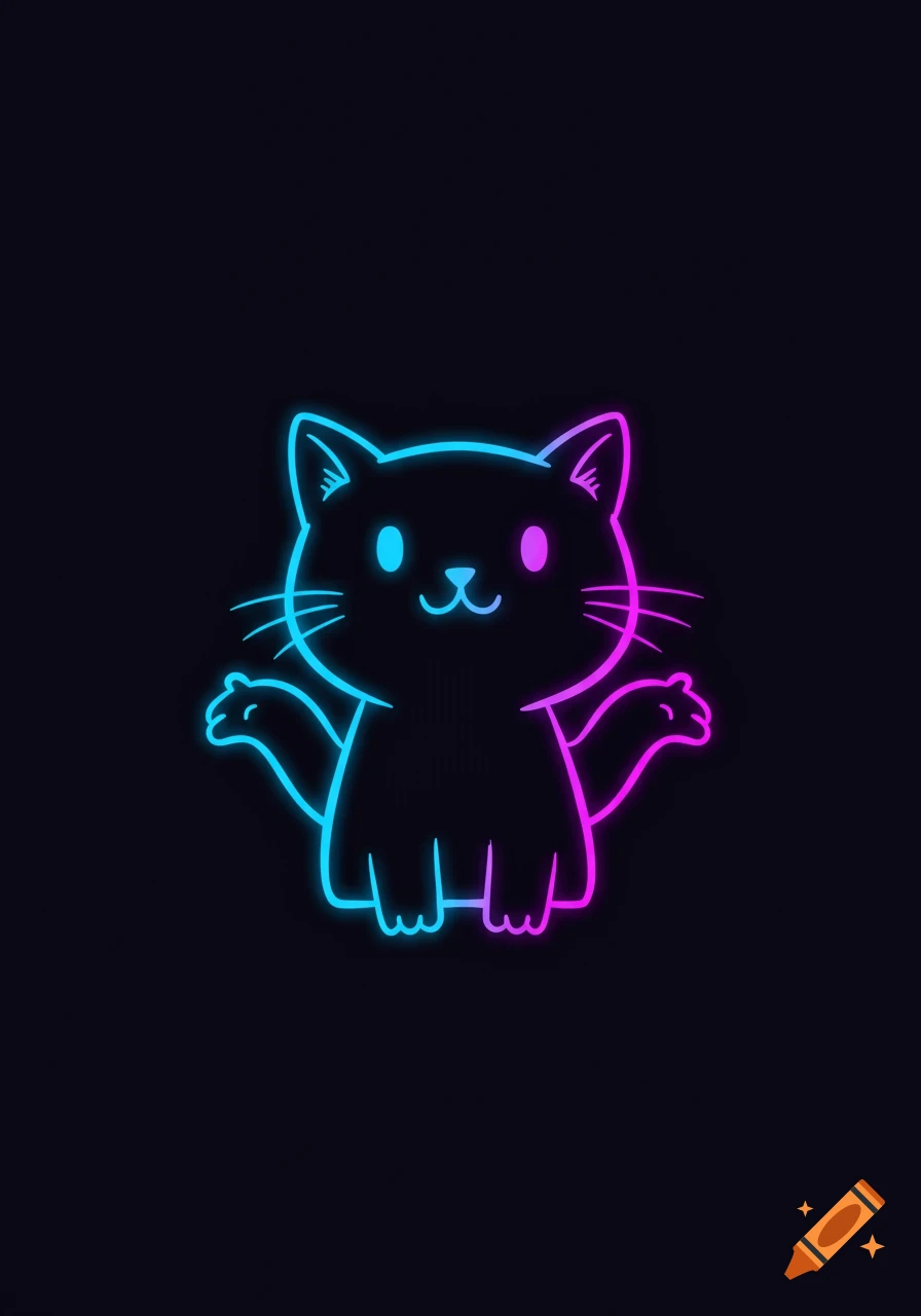 Cute, simple black cat with glowing neon blue and pink outlines and open arms on a dark background.
