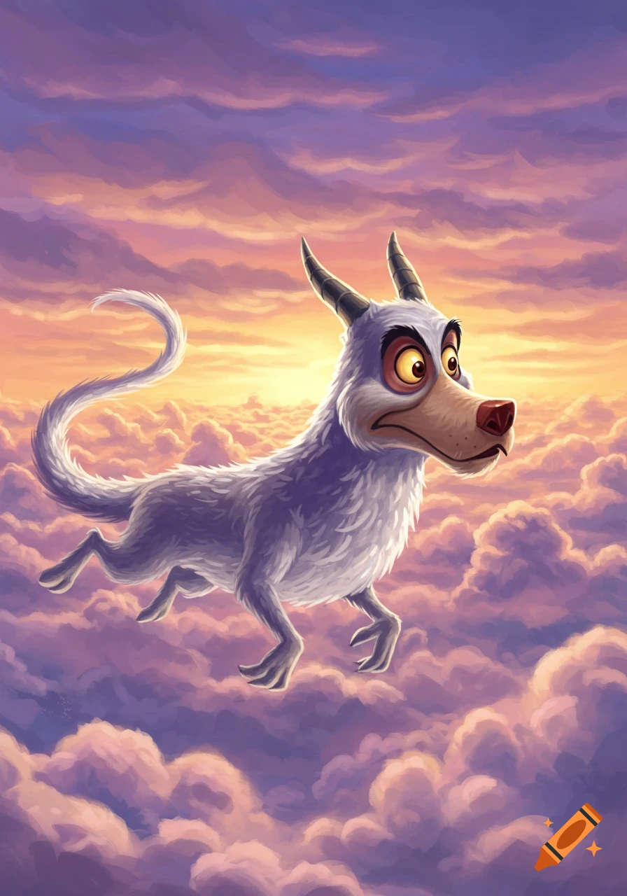 A cartoonish white furry horned creature with big yellow eyes flies through a sunset sky with purple and orange clouds.