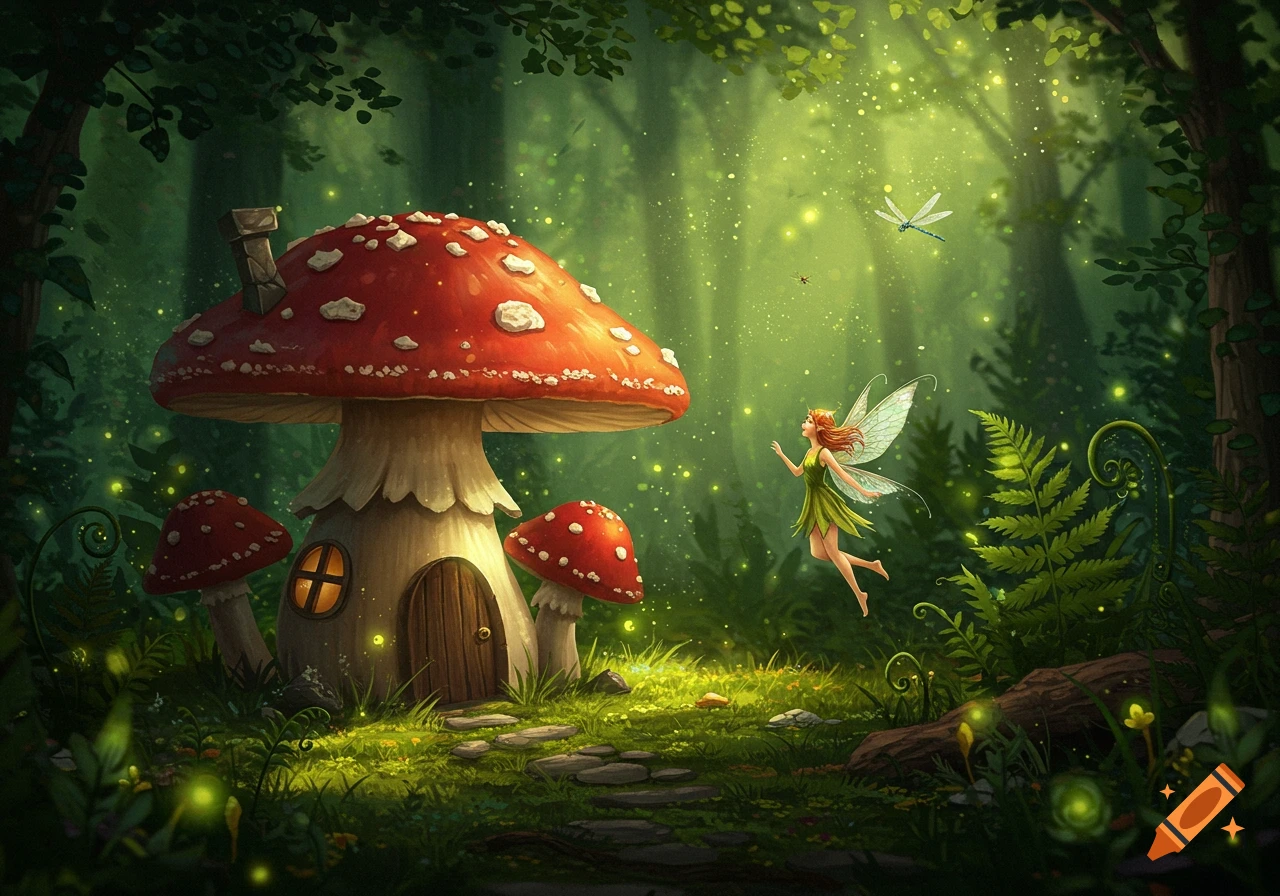 A whimsical fairy flies near a mushroom house in a glowing, magical forest at dusk.