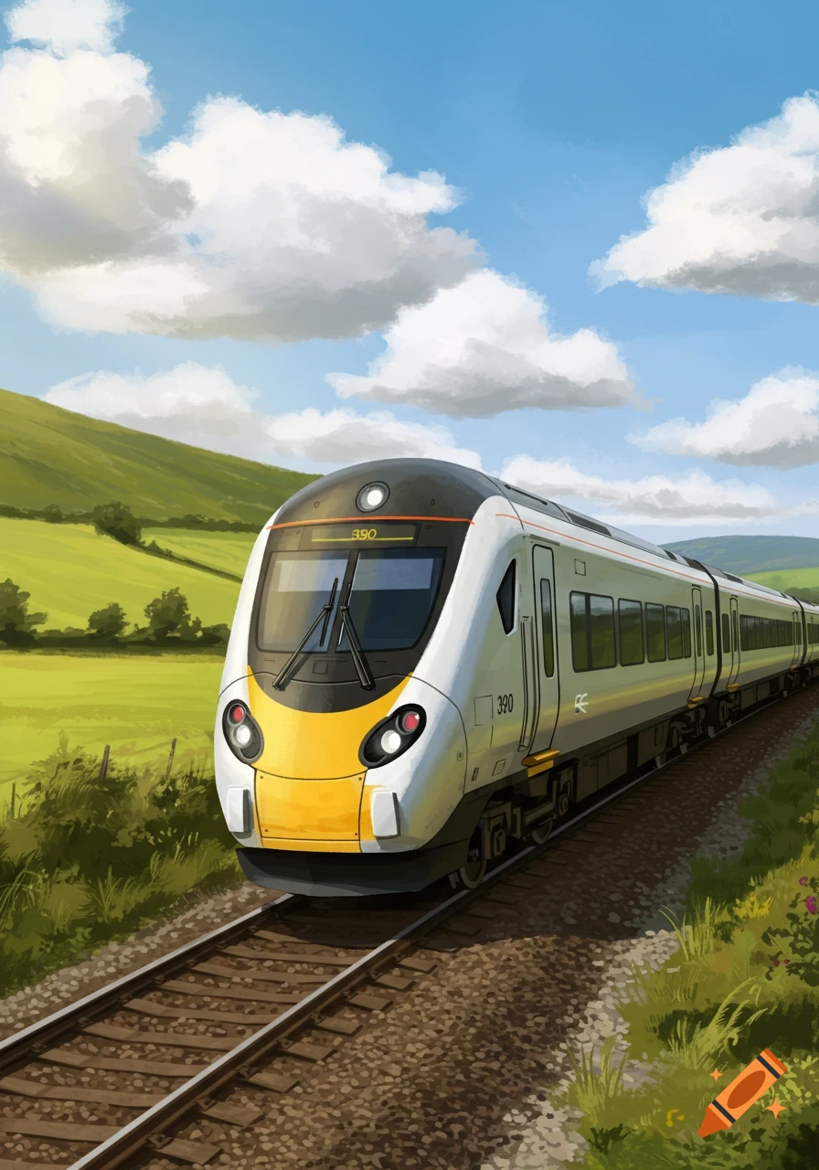 An illustration of a modern white and yellow train traveling through a green countryside under a blue sky.